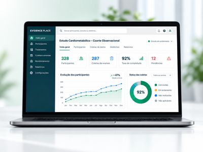 Interface da plataforma Evidence Place com dashboard de estudo observacional